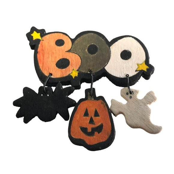 Handmade Jewelry - Handmade Wooden Halloween Boo Brooch with Ghost Pumpkin Bat Dangles Charms